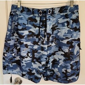 AFTCO Board Shorts Mens SZ 32 Swim Fish Cargo Blue Camo Fishing Lures 8" Inseam